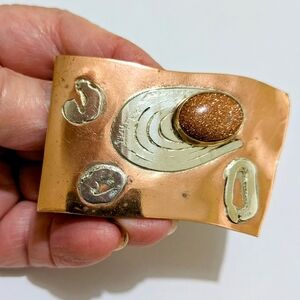 Handcrafted Belt Buckle Copper & Sterling, Goldstone Gem, Unisex